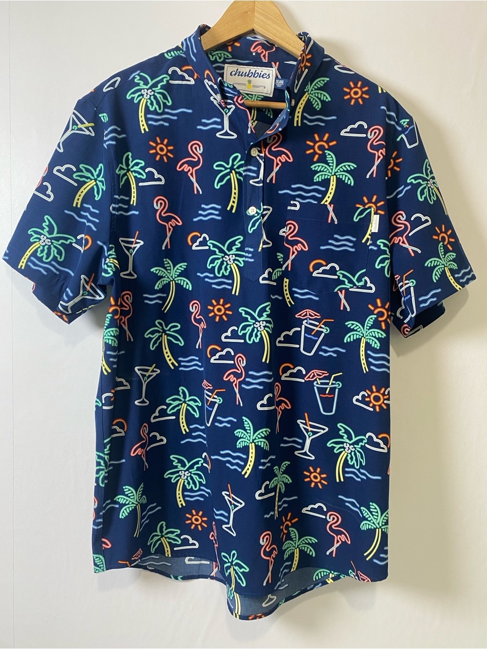 chubbies Navy Blue Neon Tropical Palm & Flamingo Button-Down Shirt